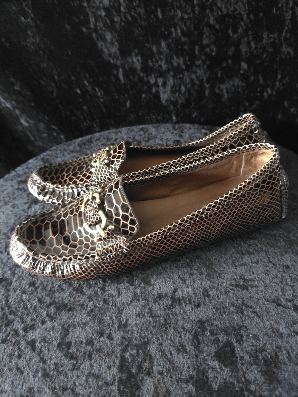 Donald J. Pliner Bronze Metallic Snake-Embossed Loafers with Gold Buckle - Picture 3 of 8